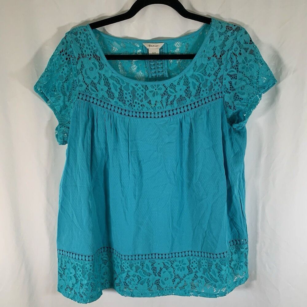 New Ariat Blouse Women's Small Blue Short Sleeve Crotche Round Neck Lightweight